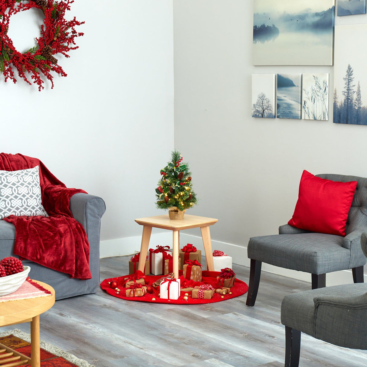 18” Mixed Pine Artificial Christmas Tree with Holly Berries, Pinecones, 35 Clear LED Lights and Burlap Base-Christmas Tree-Parc Decor