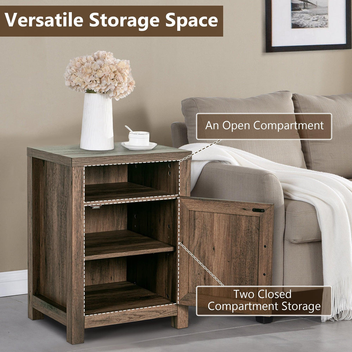 18" Solid Wood Farmhouse Nightstand for Bedroom in Brown or Grey or White