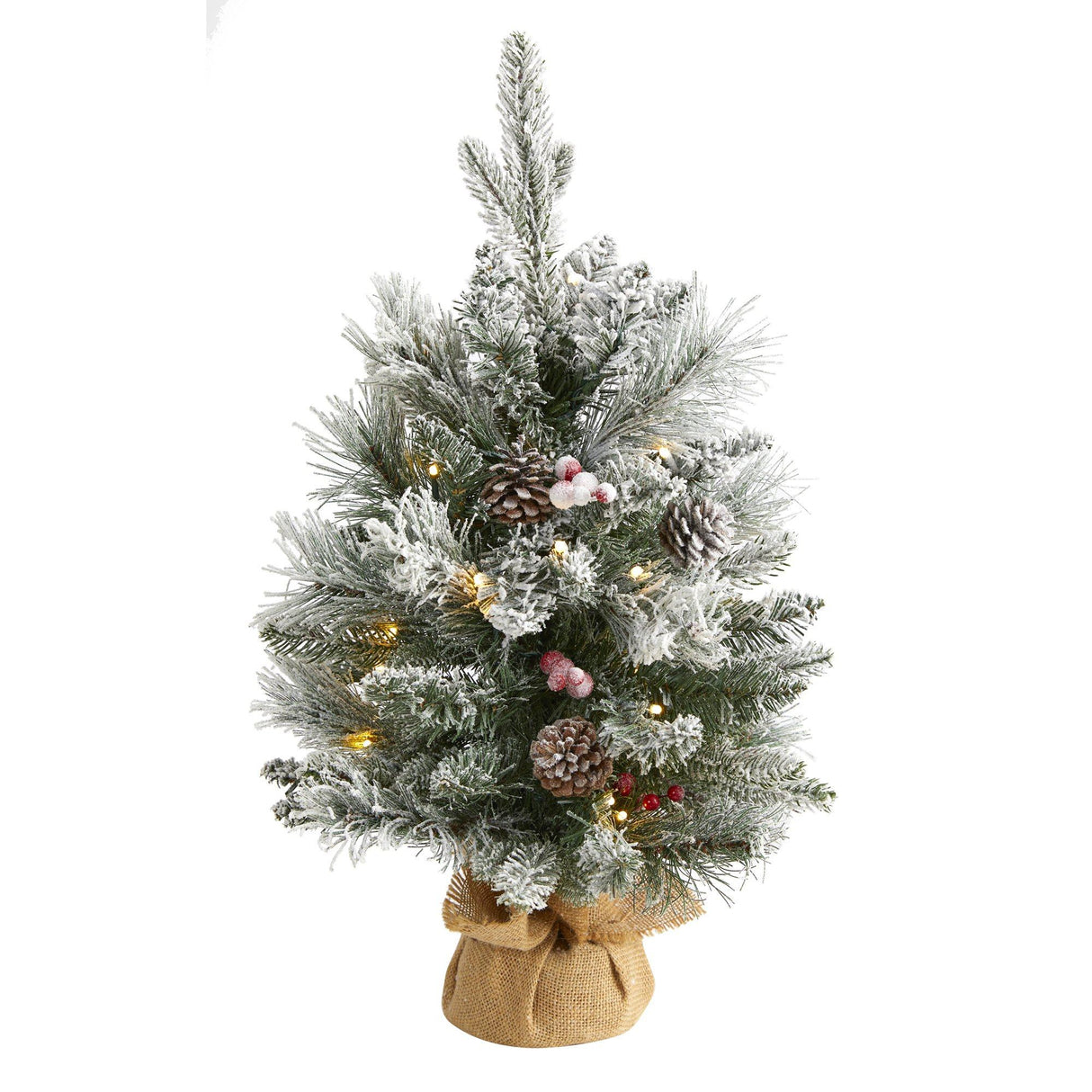2' Flocked Artificial Christmas Tree with 30 Clear Lights, 73 Bendable Branches, Pine Cones and Berries-Parc Decor