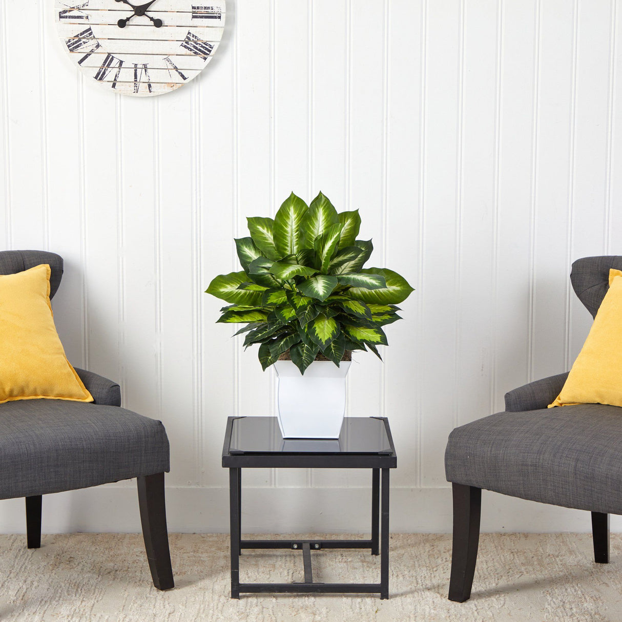 2’ Golden Dieffenbachia Artificial Plant in White Metal Planter-Parc Decor