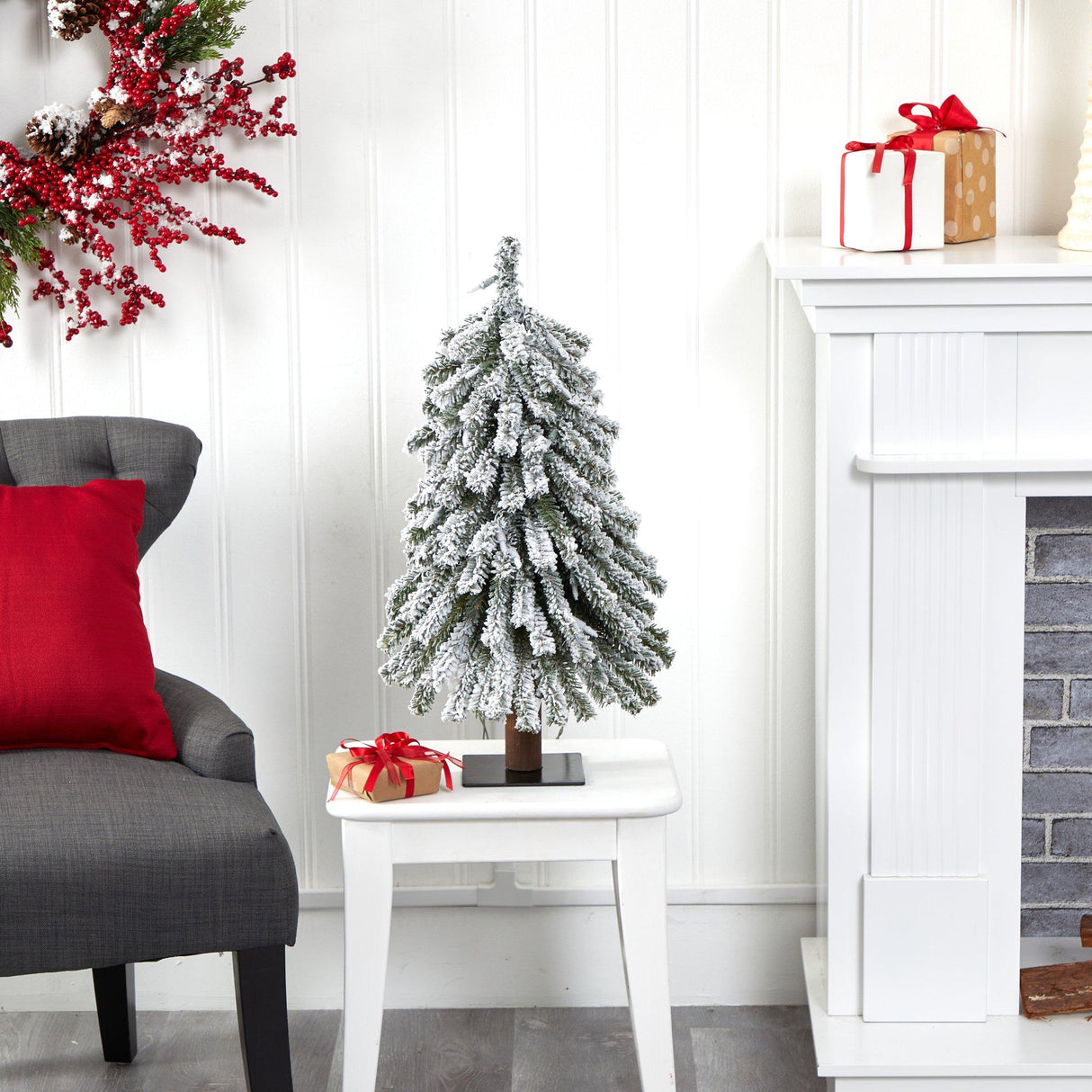 2’ Flocked Grand Alpine Artificial Christmas Tree with 35 Clear Lights and 111 Bendable Branches on Natural Trunk-Christmas Tree-Parc Decor