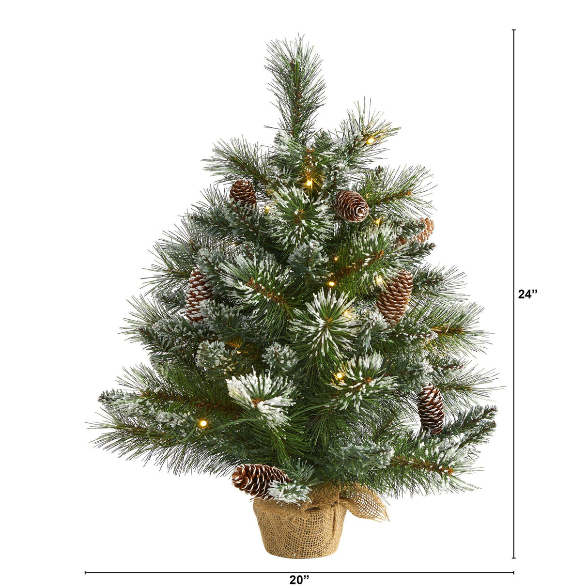 2’ Frosted Pine Artificial Christmas Tree with 35 Clear LED Lights, Pinecones and Burlap Base-Christmas Tree-Parc Decor