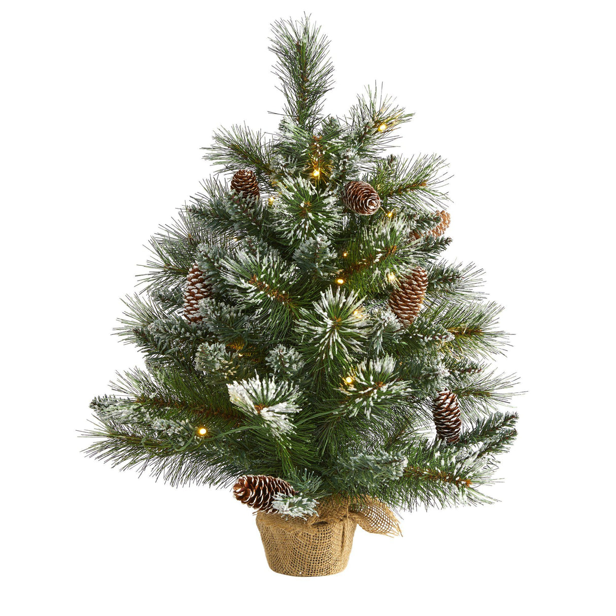 2’ Frosted Pine Artificial Christmas Tree with 35 Clear LED Lights, Pinecones and Burlap Base-Christmas Tree-Parc Decor