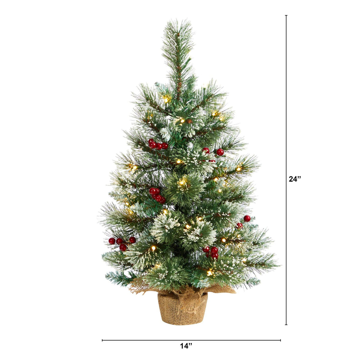 2’ Snow Tipped Pine and Berry Artificial Christmas Tree with 35 Warm White LED Lights in Burlap Base-Christmas Tree-Parc Decor