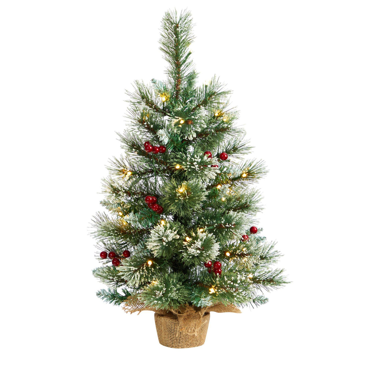 2’ Snow Tipped Pine and Berry Artificial Christmas Tree with 35 Warm White LED Lights in Burlap Base-Christmas Tree-Parc Decor