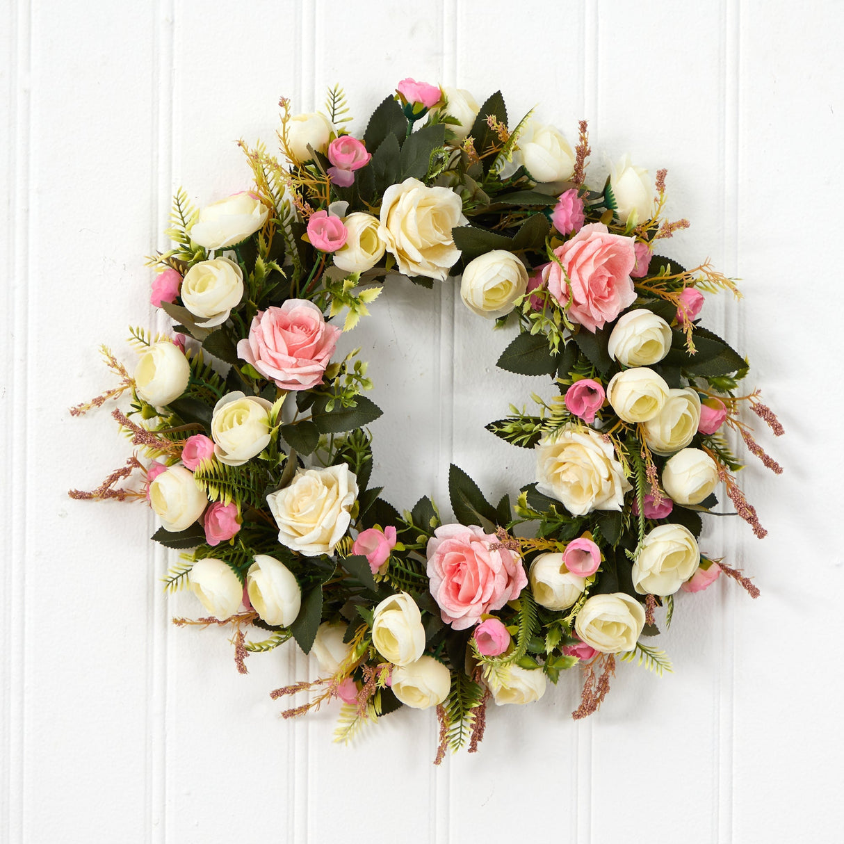 20” White & Pink Rose Artificial Wreath-Parc Decor
