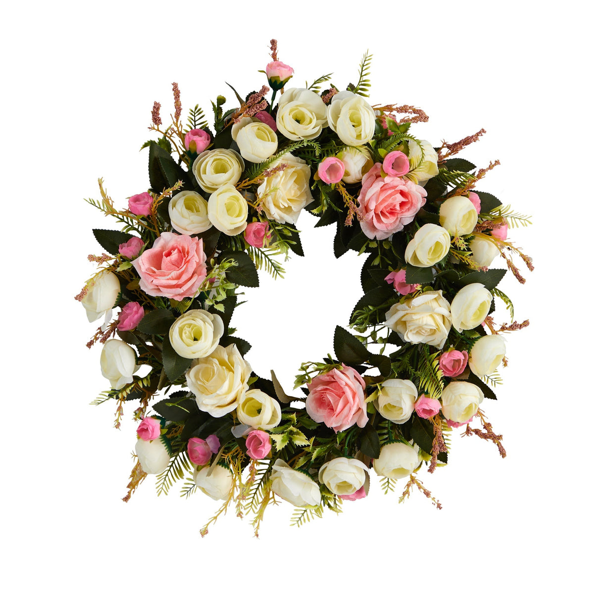 20” White & Pink Rose Artificial Wreath-Parc Decor