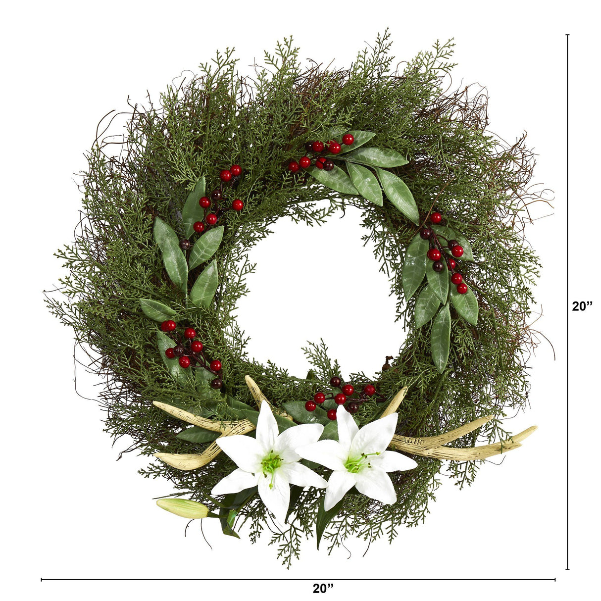 20” Cedar, Antlers, Lily and Ruscus with Berries Artificial Wreath-Wreath-Parc Decor