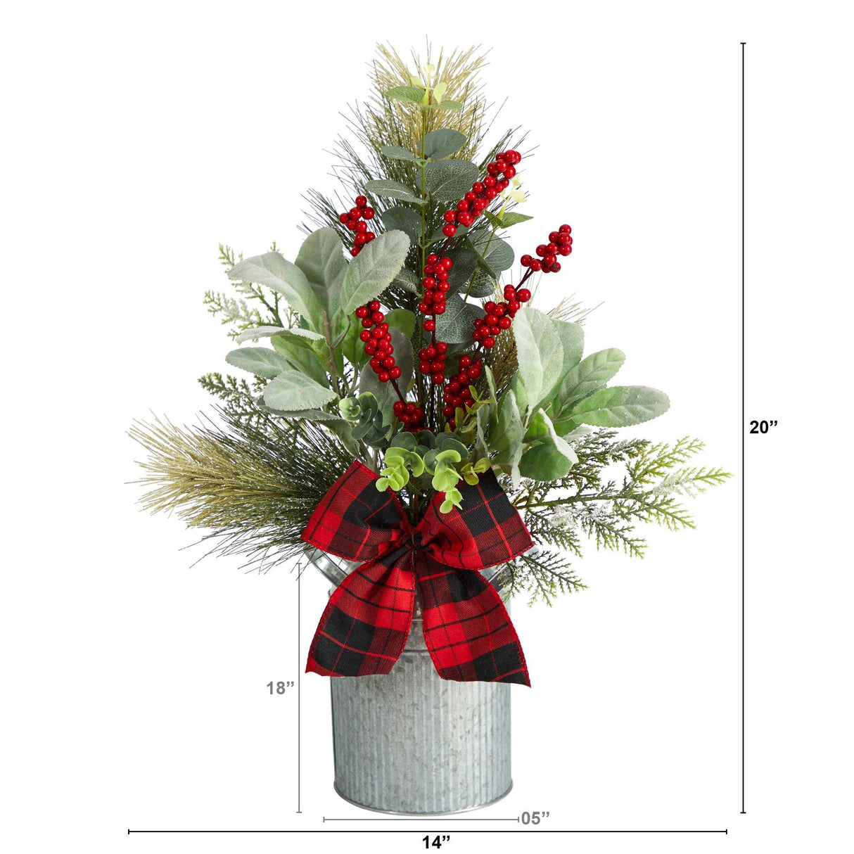 20" Holiday Winter Greenery, Pinecone and Berries with Buffalo Plaid Bow Christmas Arrangement"-Arrangement-Parc Decor