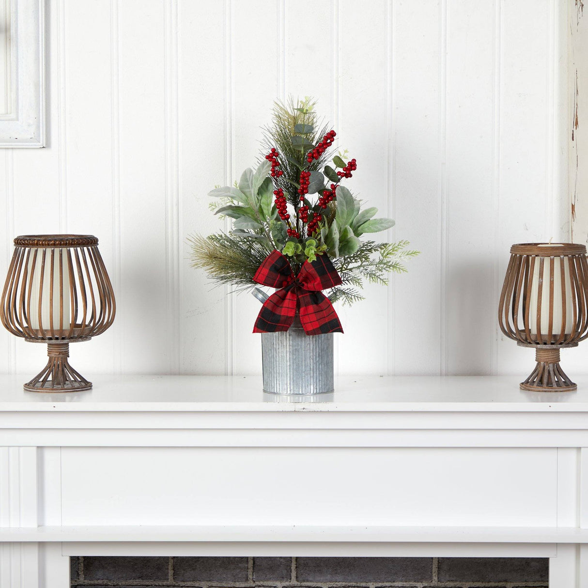 20" Holiday Winter Greenery, Pinecone and Berries with Buffalo Plaid Bow Christmas Arrangement"-Arrangement-Parc Decor