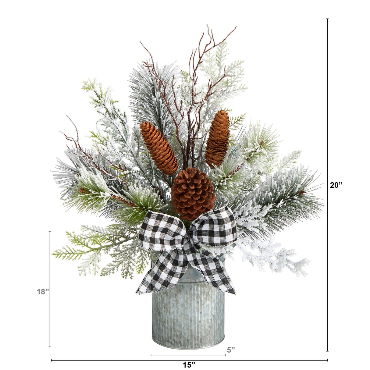 20” Holiday Winter Greenery with Pinecones and Gingham Plaid Bow Table Christmas Arrangement-Arrangement-Parc Decor