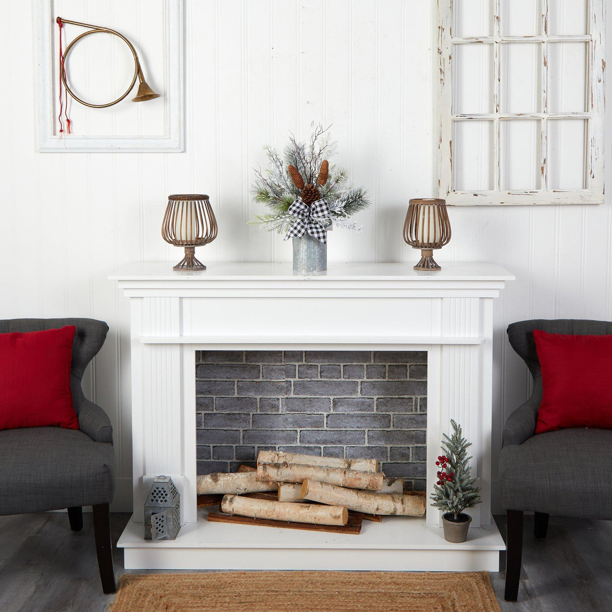 20” Holiday Winter Greenery with Pinecones and Gingham Plaid Bow Table Christmas Arrangement-Arrangement-Parc Decor