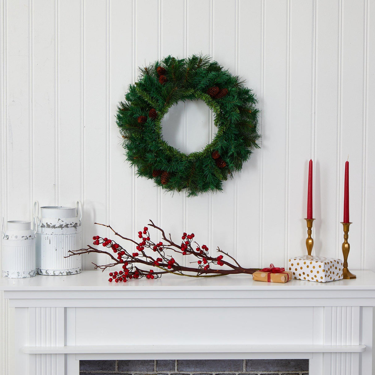 20” Mixed Pine and Pinecone Artificial Christmas Wreath with 35 Clear LED Lights-Wreath-Parc Decor