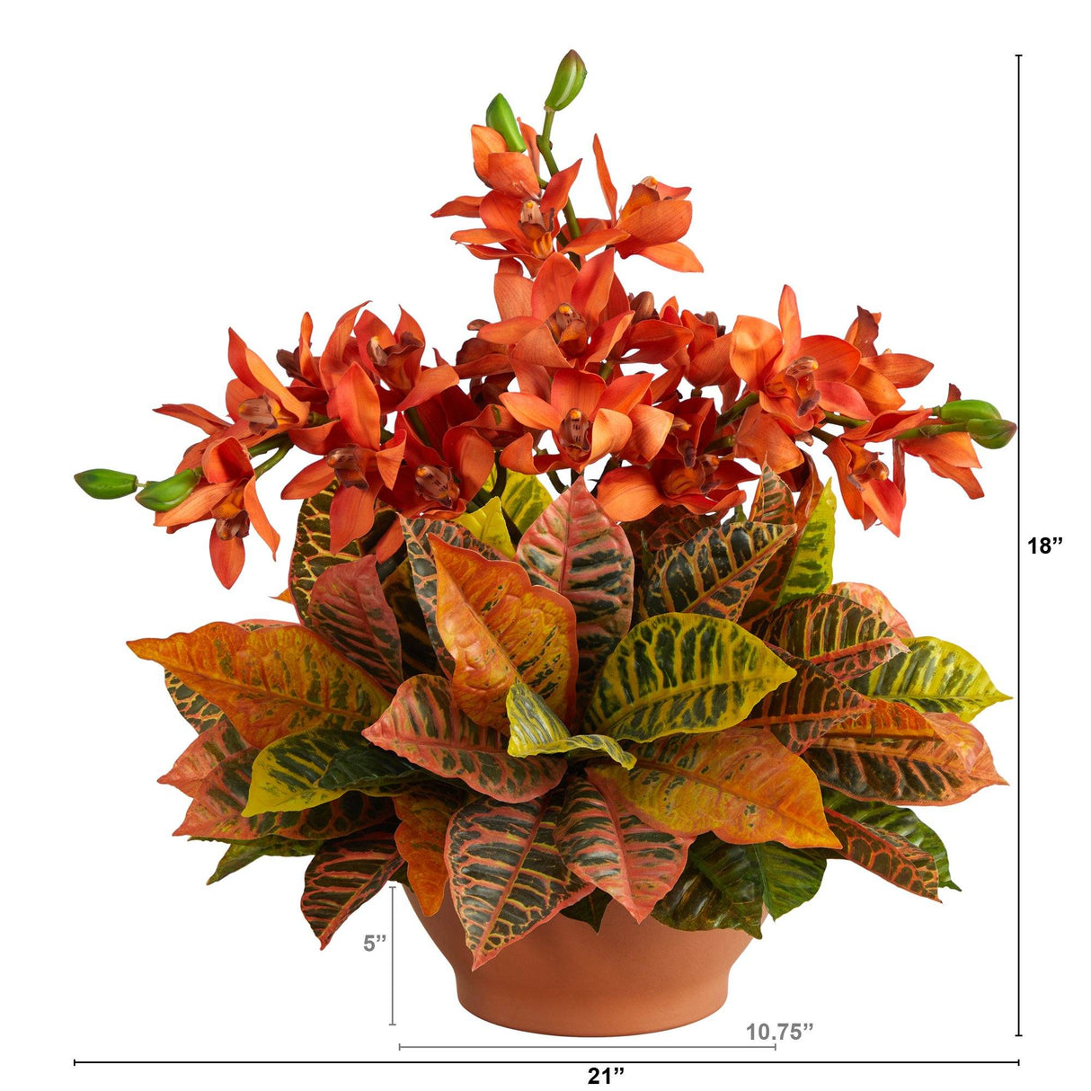21” Cymbidium Orchid and Croton Artificial Arrangement in Terra Cotta Vase-Parc Decor