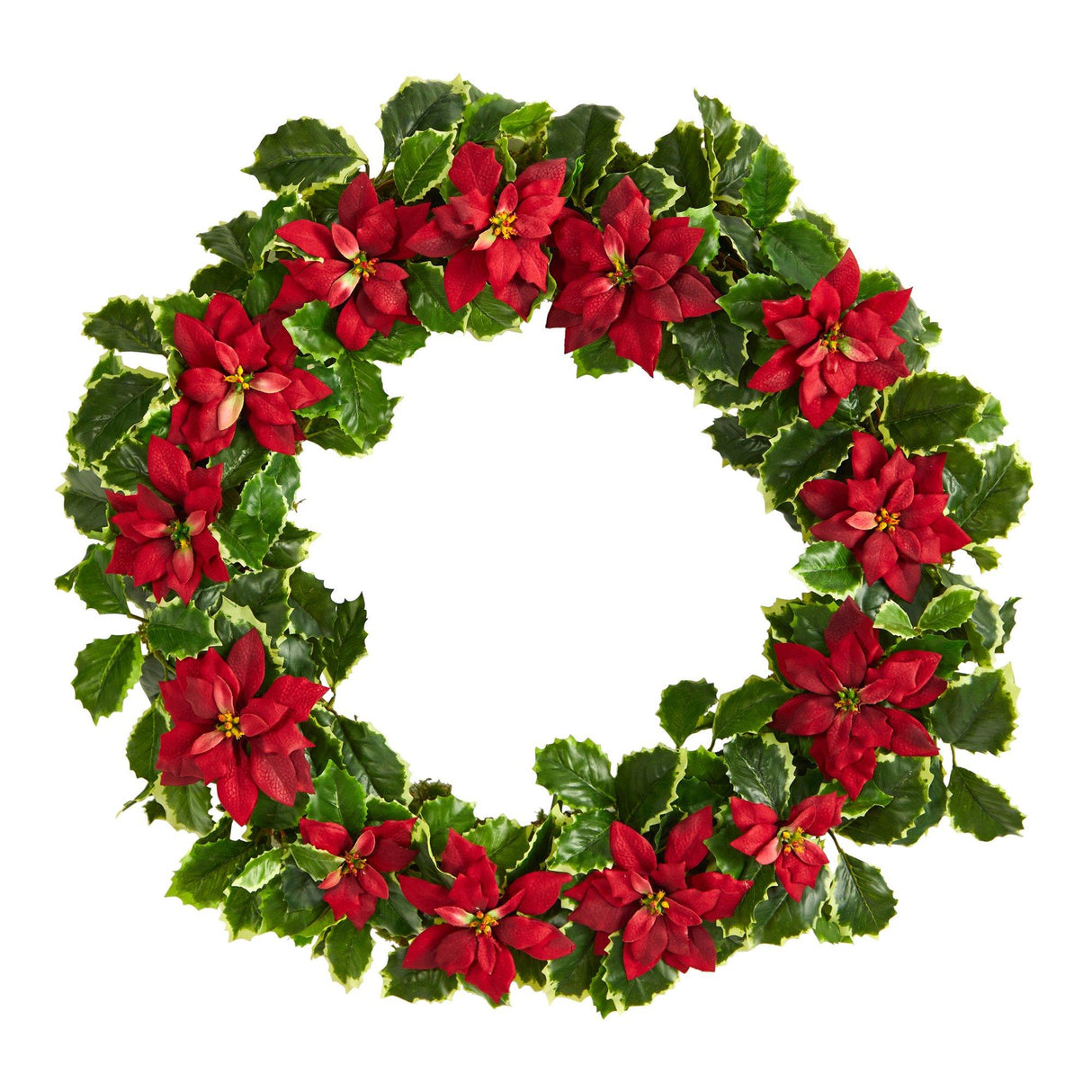 21” Poinsettia and Variegated Holly Artificial Christmas Wreath-Wreath-Parc Decor