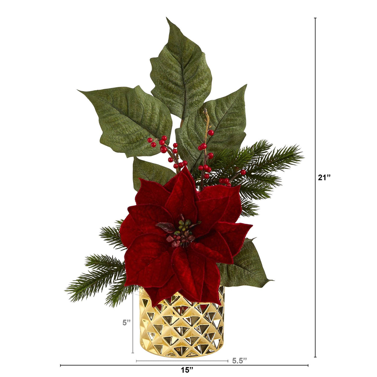 21” Poinsettia, Berries and Pine Artificial Arrangement in Gold Vase-Arrangement-Parc Decor