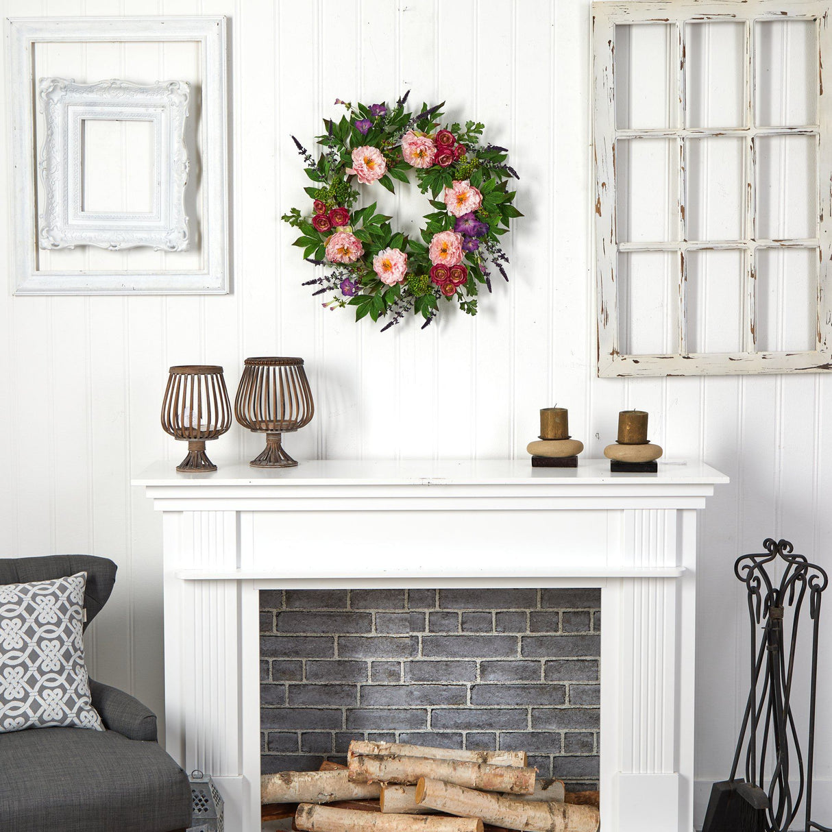 22” Assorted Peony Artificial Wreath-Parc Decor