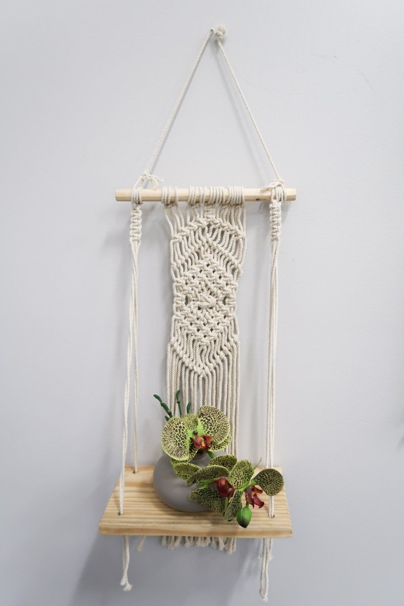 22” Boho Chic Wood Macrame Shelf with Diamond Weave-Parc Decor