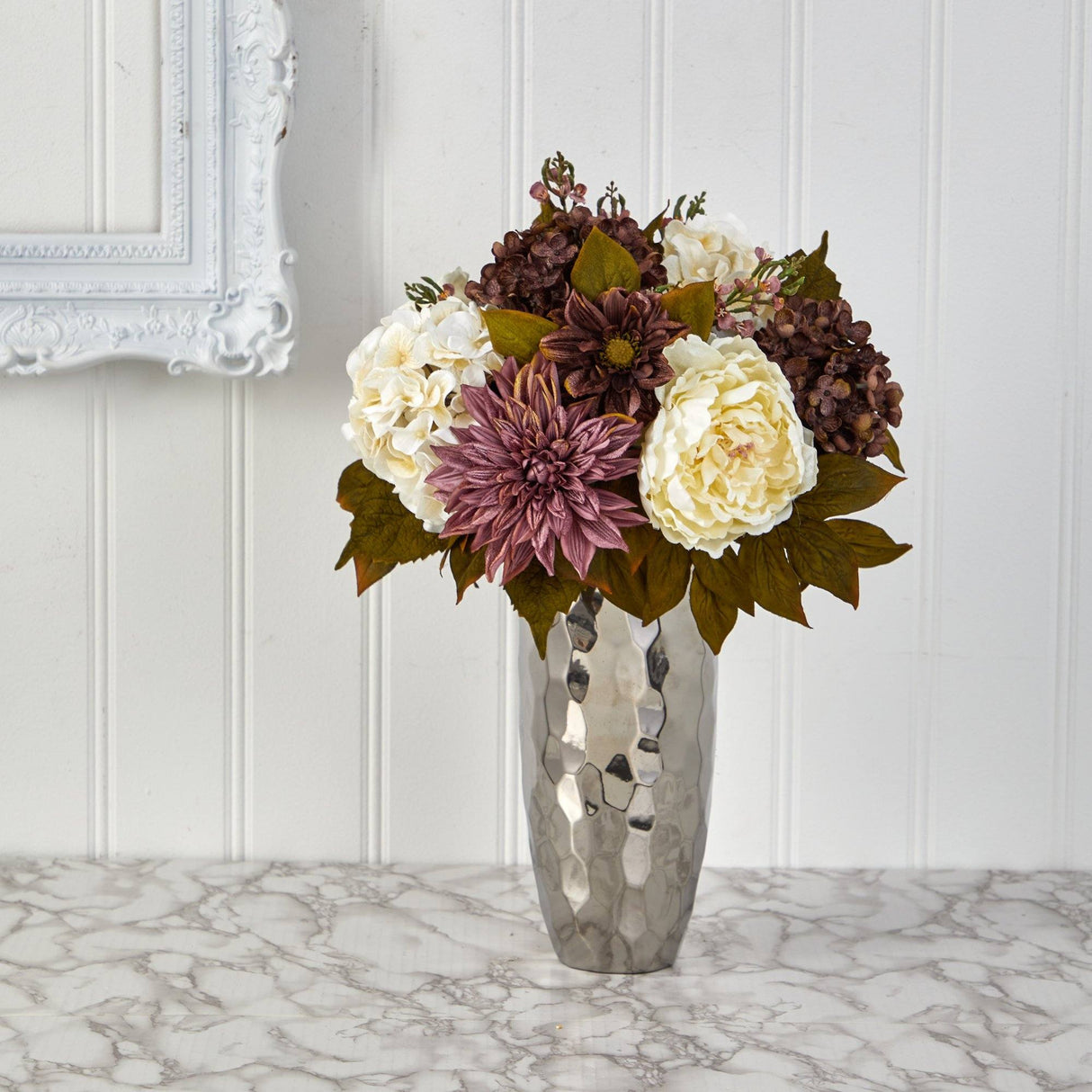 22” Peony, Hydrangea and Dahlia Artificial Arrangement in Silver Vase-Parc Decor