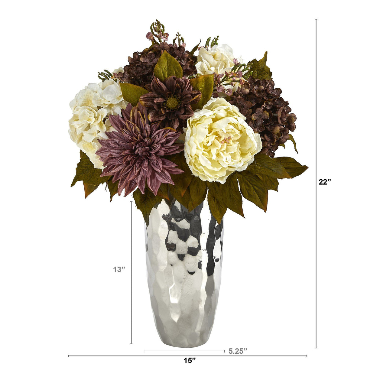 22” Peony, Hydrangea and Dahlia Artificial Arrangement in Silver Vase-Parc Decor