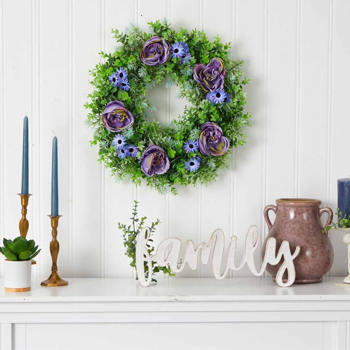 22” Purple Rose, Blue Daisy and Greens Artificial Wreath-Parc Decor