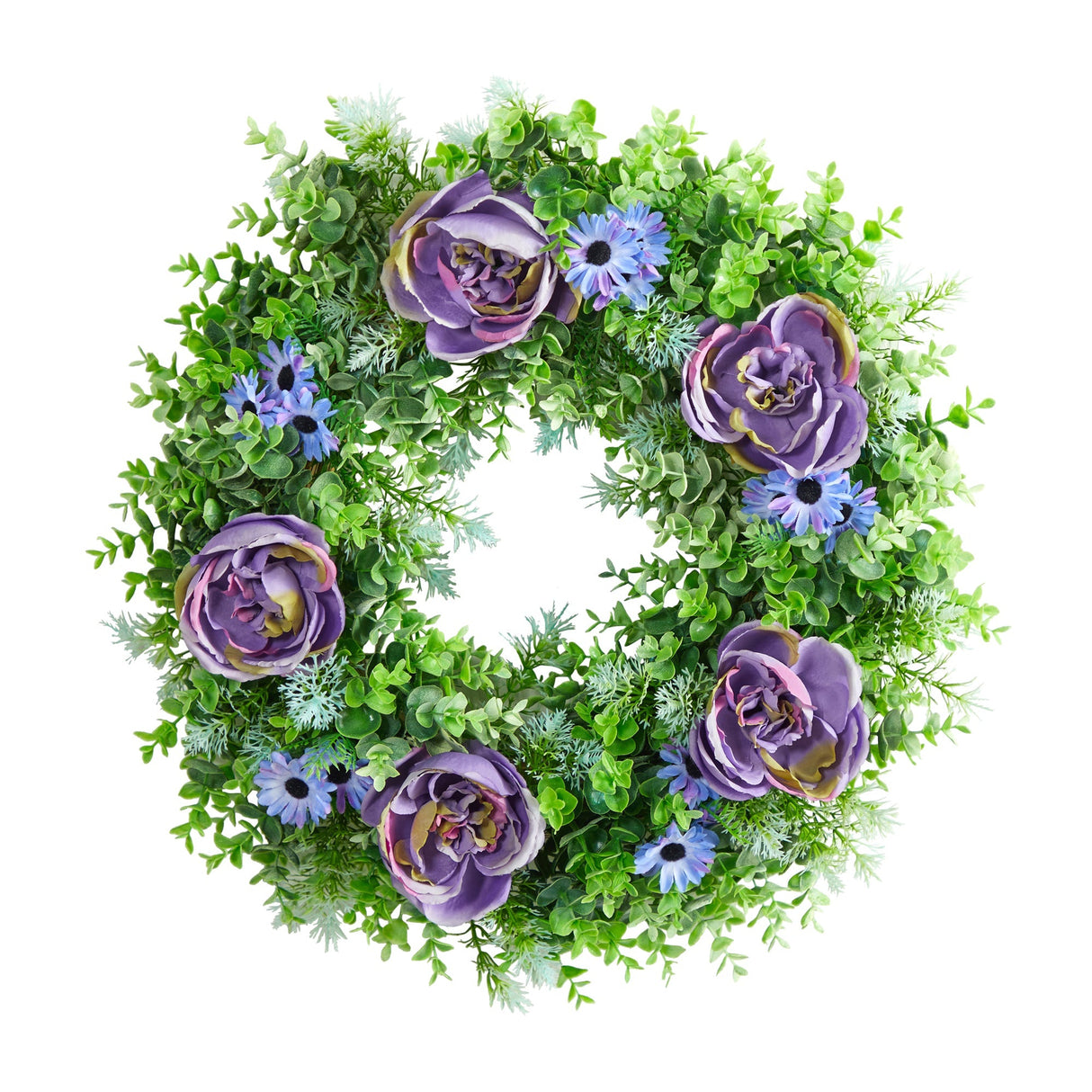 22” Purple Rose, Blue Daisy and Greens Artificial Wreath-Parc Decor
