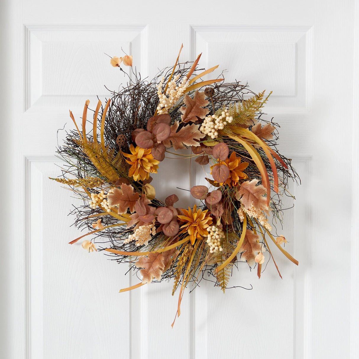 22” Autumn Dahlia and Berries Artificial Fall Wreath-Wreath-Parc Decor