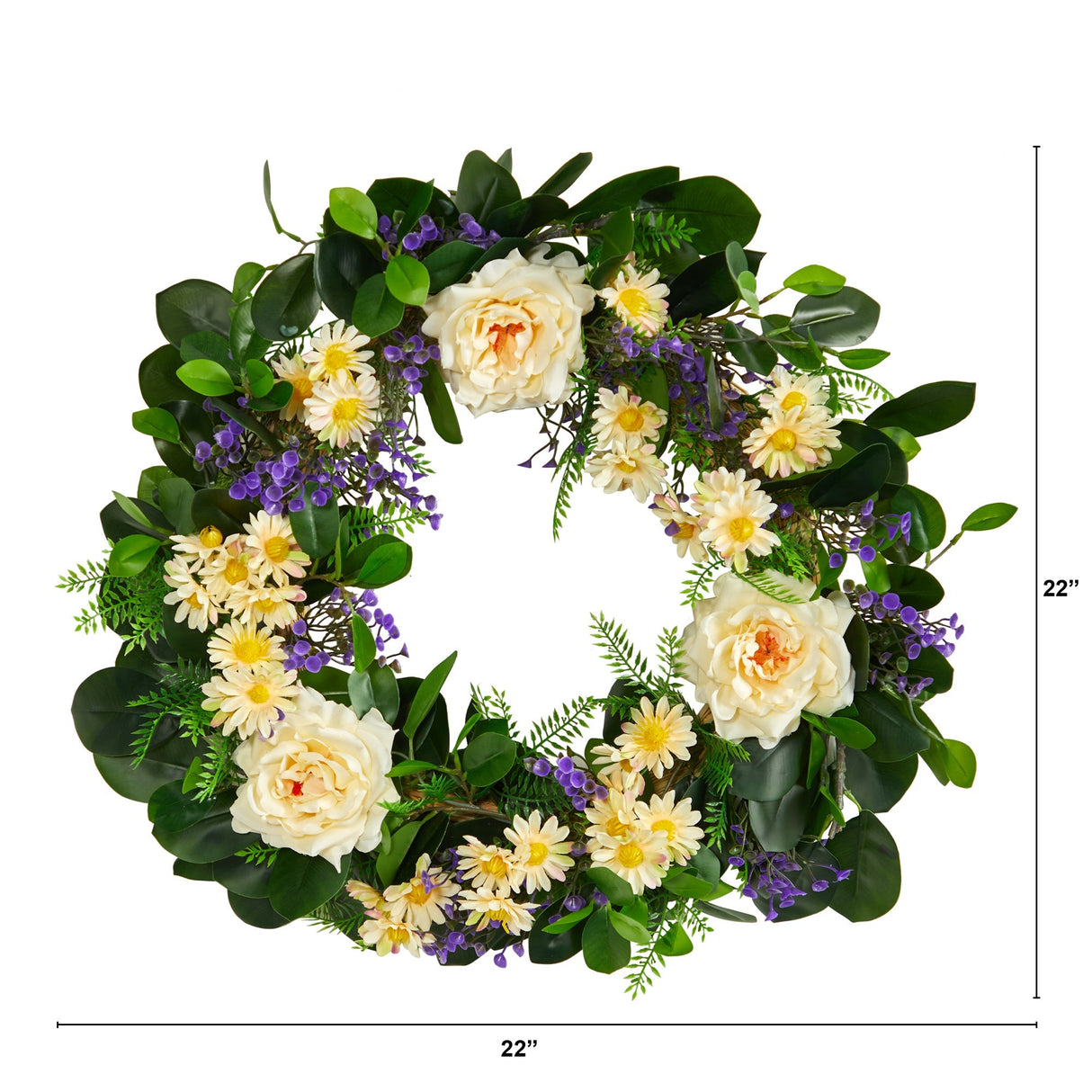 22” Mixed Rose and Daisy Artificial Wreath-Parc Decor