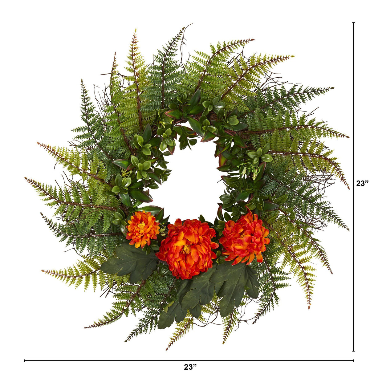 23” Assorted Fern and Chrysanthemum Artificial Wreath-Parc Decor