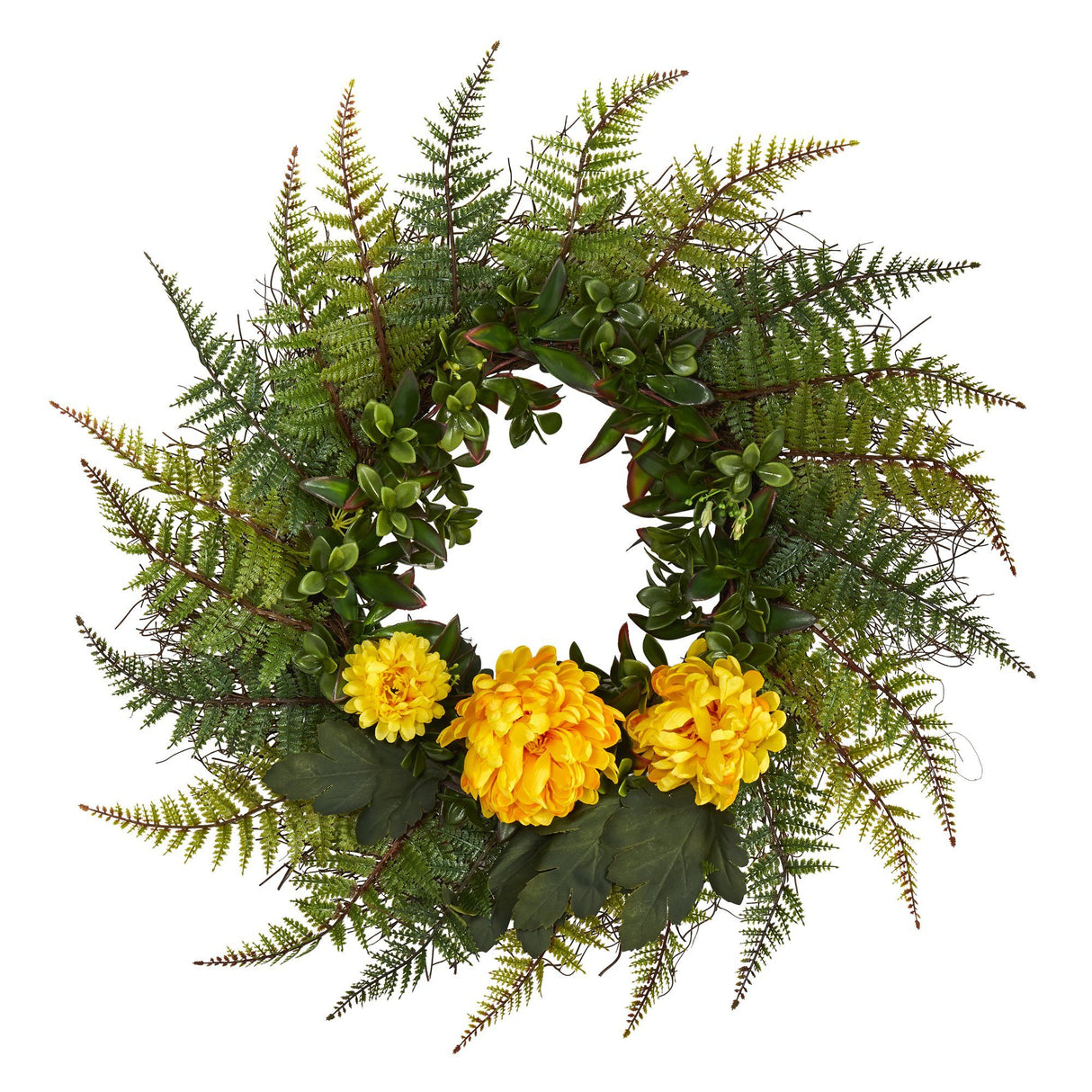 23” Assorted Fern and Chrysanthemum Artificial Wreath-Parc Decor