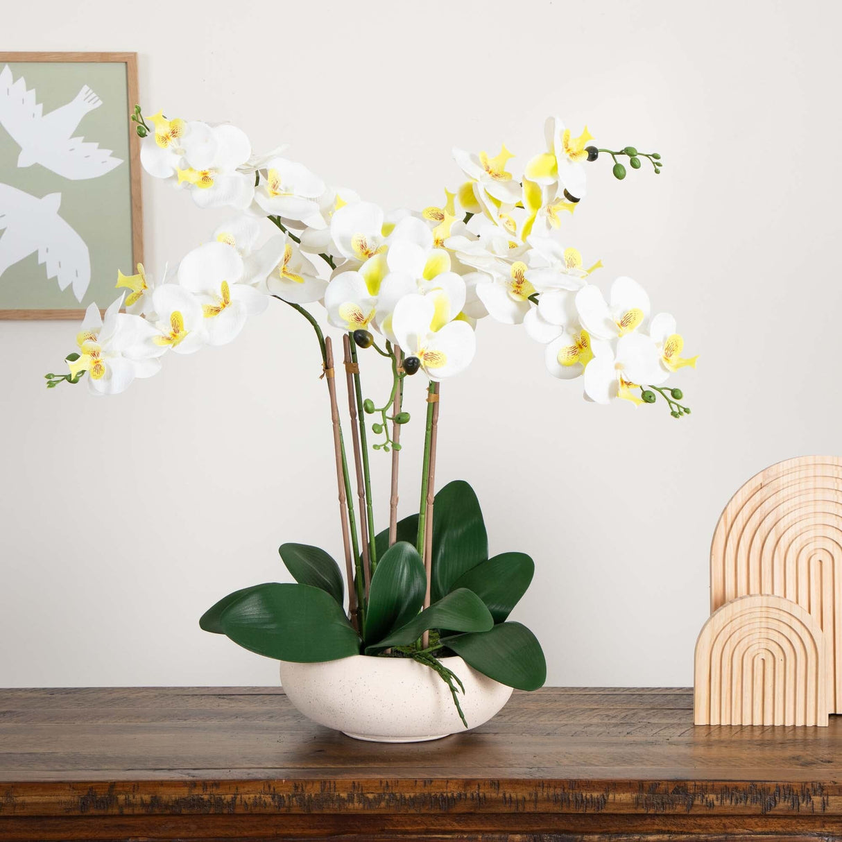 23” Artificial Phalaenopsis Orchid Arrangement in White Ceramic Planter (Real Touch)-Arrangement-Parc Decor