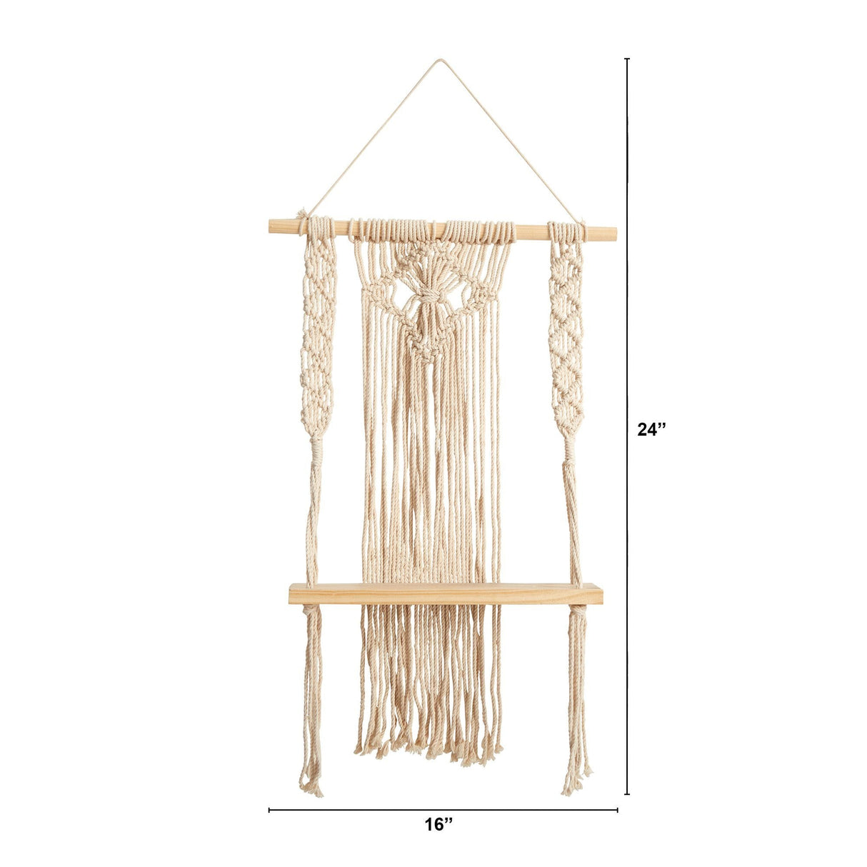 24" Boho Chic Wood Macrame Single Shelf Woven Diamond Wall Art Décor"-Parc Decor