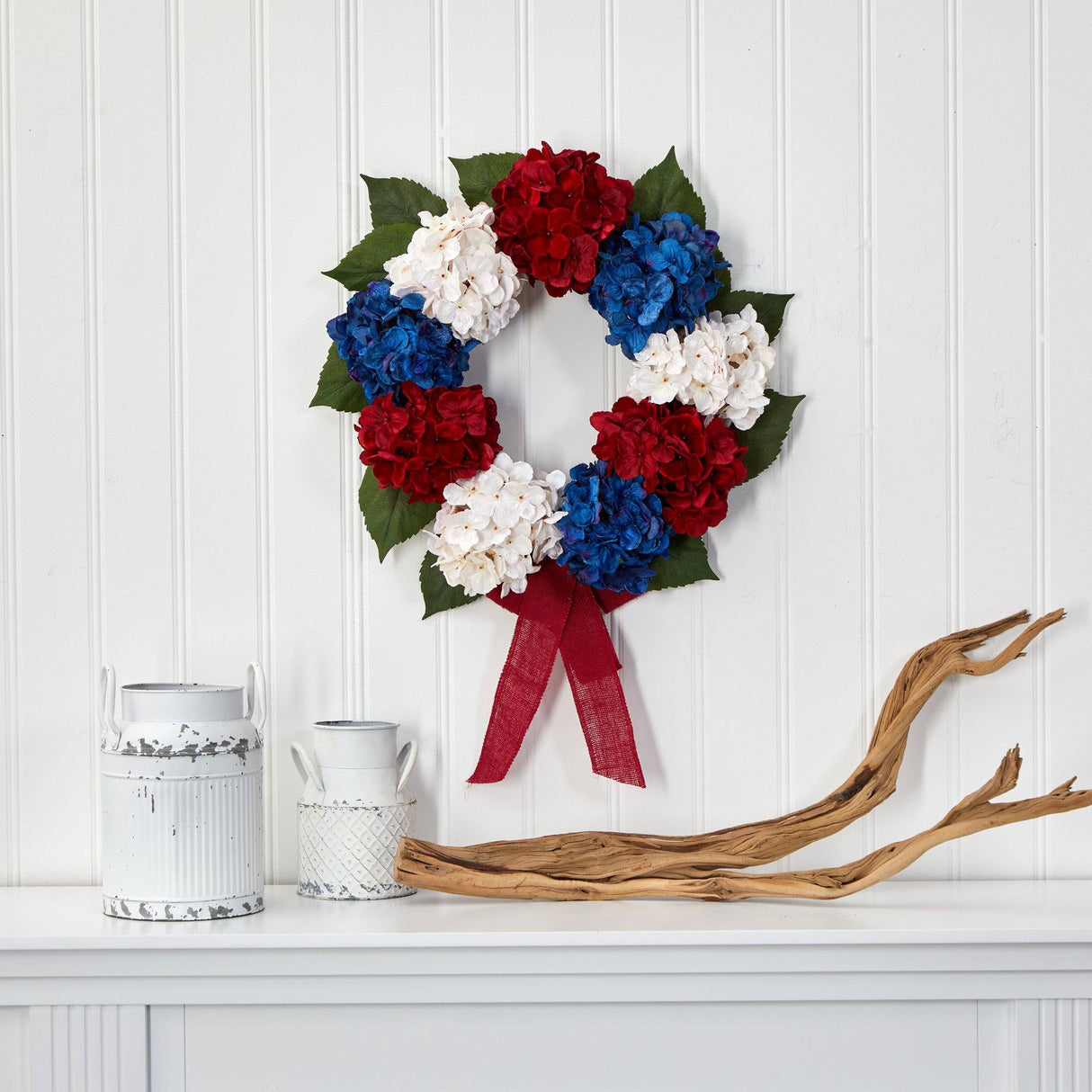 24” Red, White and Blue “Americana” Hydrangea Artificial Wreath-Parc Decor