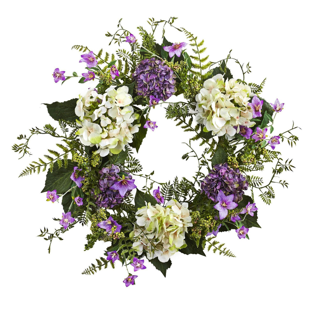 24” Artificial Hydrangea & Berry Wreath Lively Greens and Purple-Wreath-Parc Decor