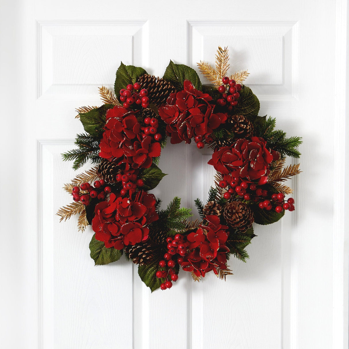 24” Artificial Hydrangea & Pine Wreath-Wreath-Parc Decor