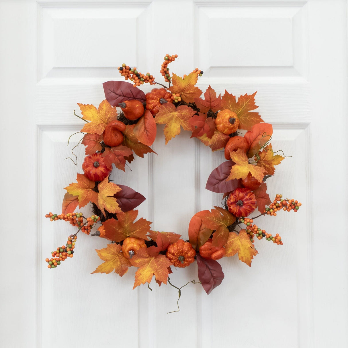 24” Autumn Maple Leaves, Pumpkin, Pinecone and Berries Artificial Fall Wreath-Wreath-Parc Decor