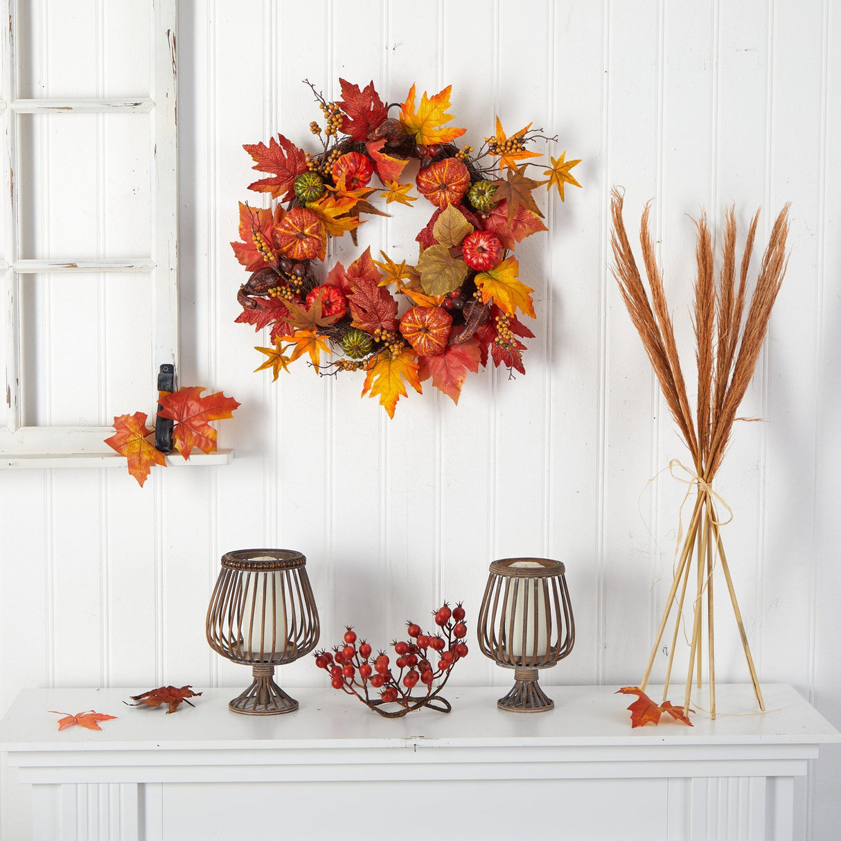 24” Autumn Pumpkin and Berries Artificial Fall Wreath-Wreath-Parc Decor