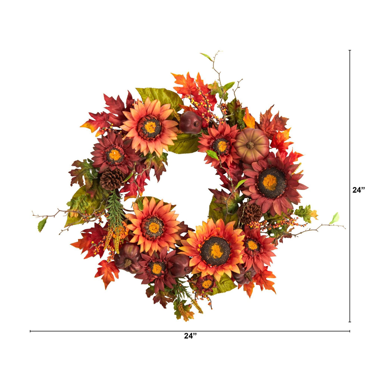 24” Autumn Sunflower, Pumpkin, Pinecone and Berries Fall Artificial Wreat-Wreath-Parc Decor