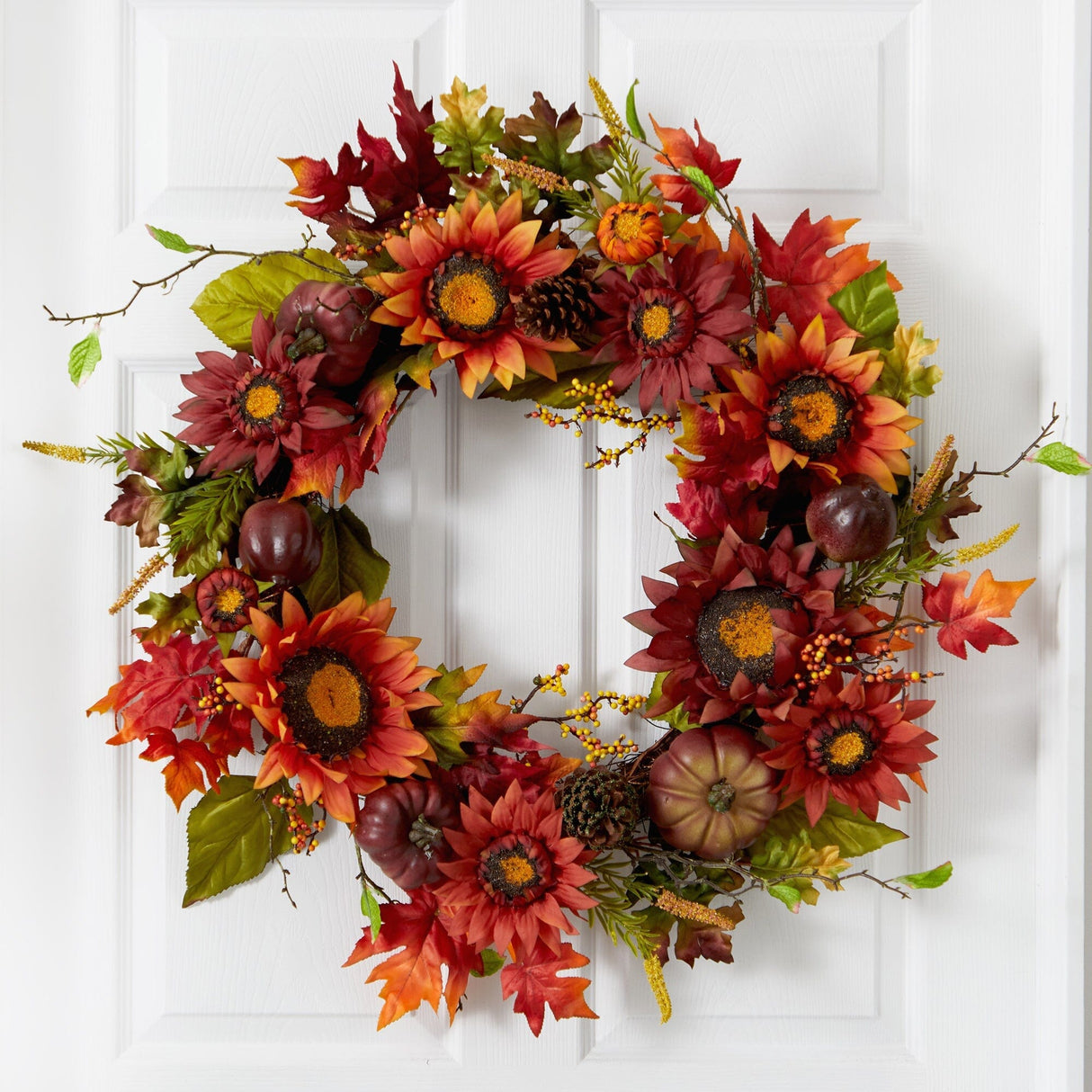 24” Autumn Sunflower, Pumpkin, Pinecone and Berries Fall Artificial Wreat-Wreath-Parc Decor