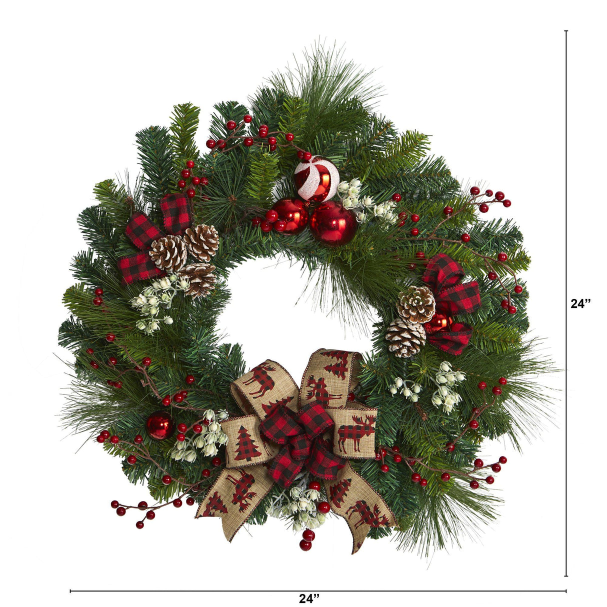 24” Christmas Pine Artificial Wreath with Pine Cones and Ornaments-Wreath-Parc Decor