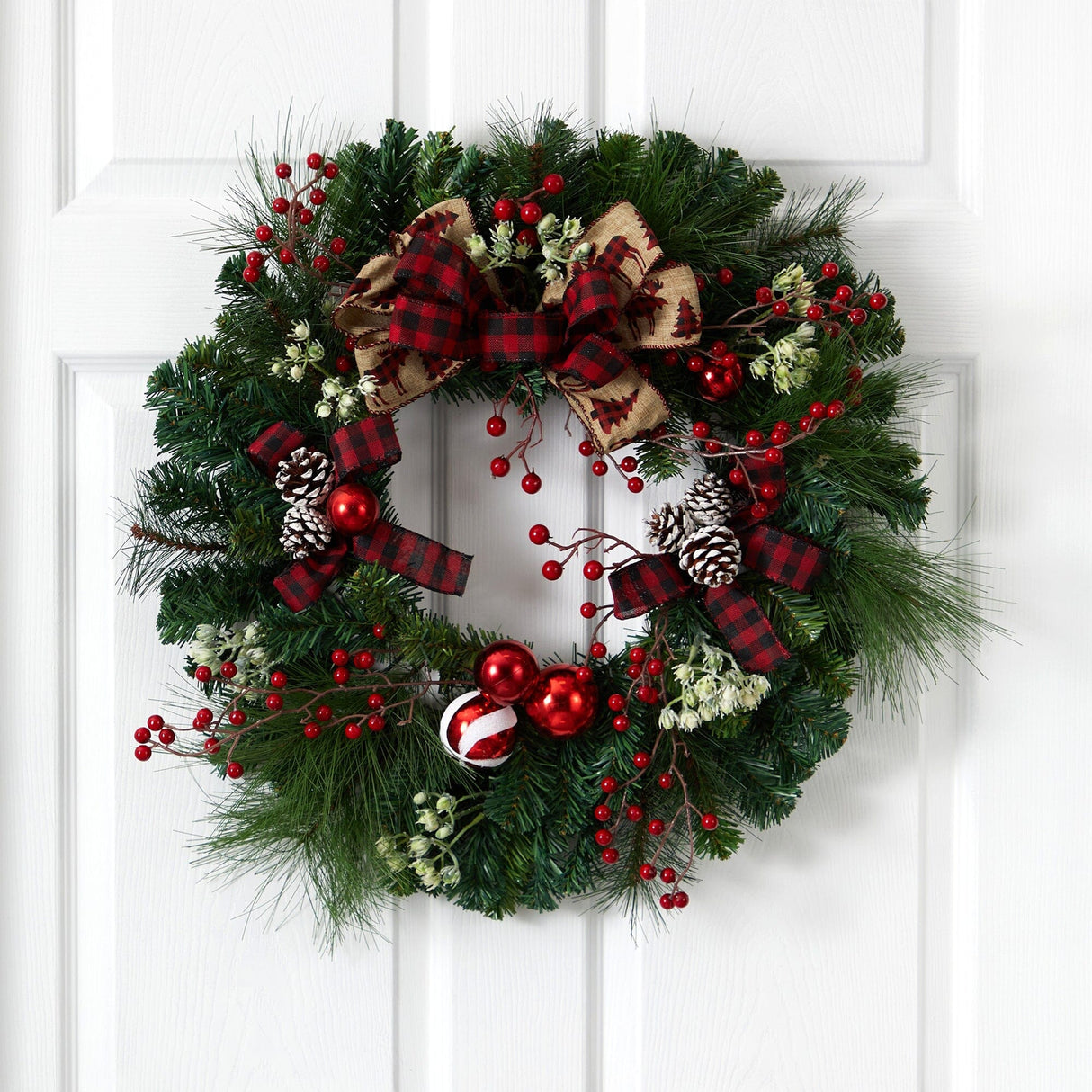 24” Christmas Pine Artificial Wreath with Pine Cones and Ornaments-Wreath-Parc Decor