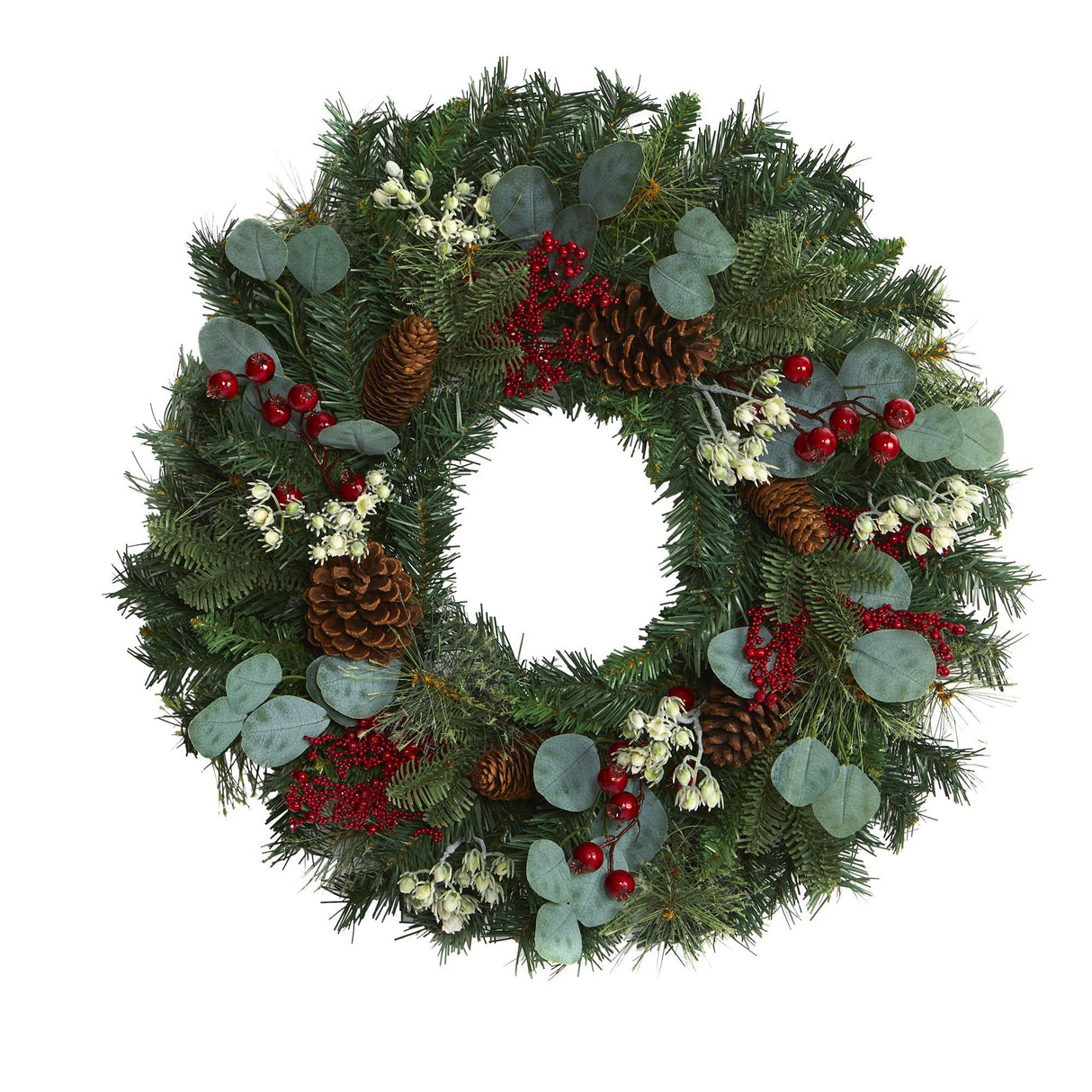24” Eucalyptus and Pine Artificial Wreath with Berries and Pine Cones-Wreath-Parc Decor