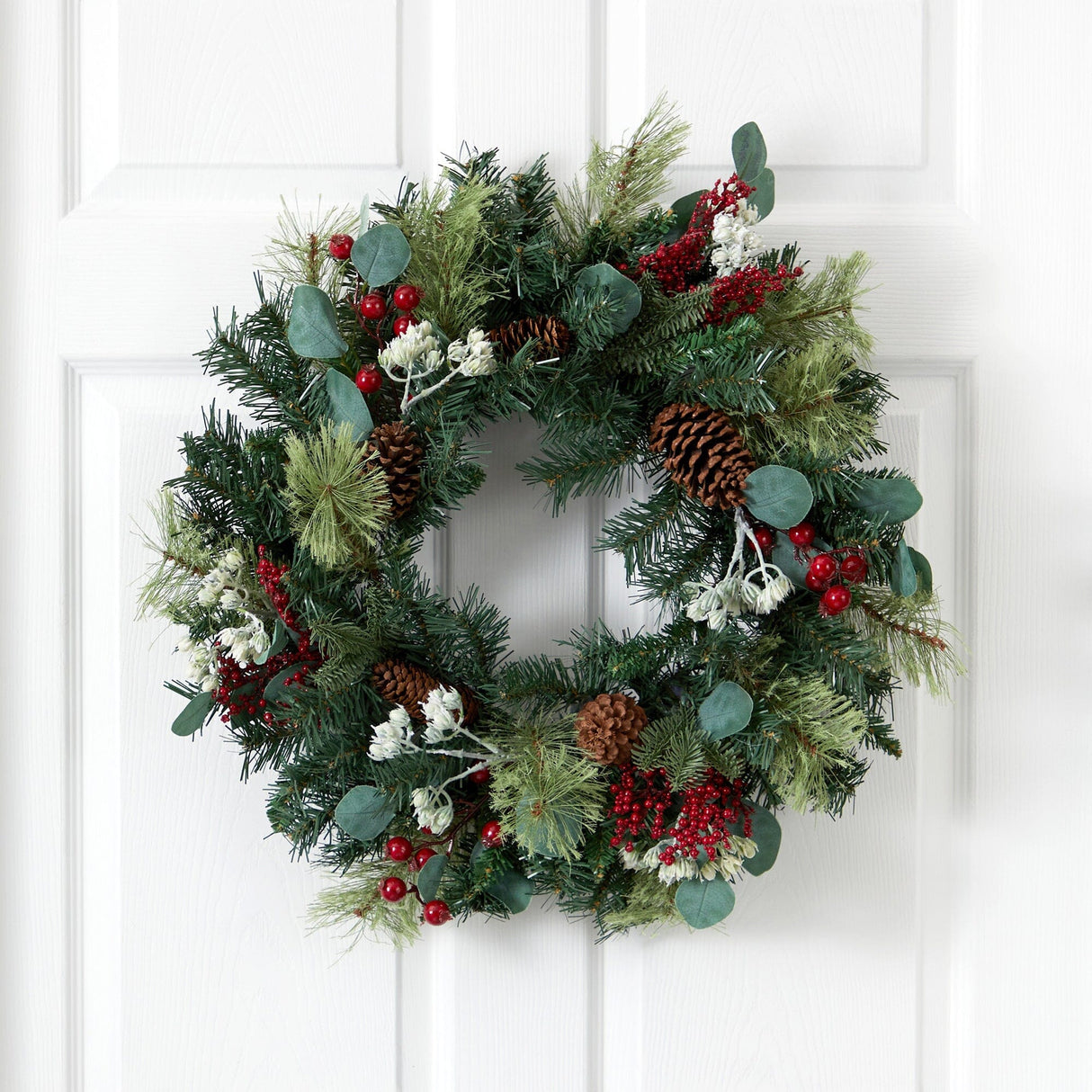 24” Eucalyptus and Pine Artificial Wreath with Berries and Pine Cones-Wreath-Parc Decor