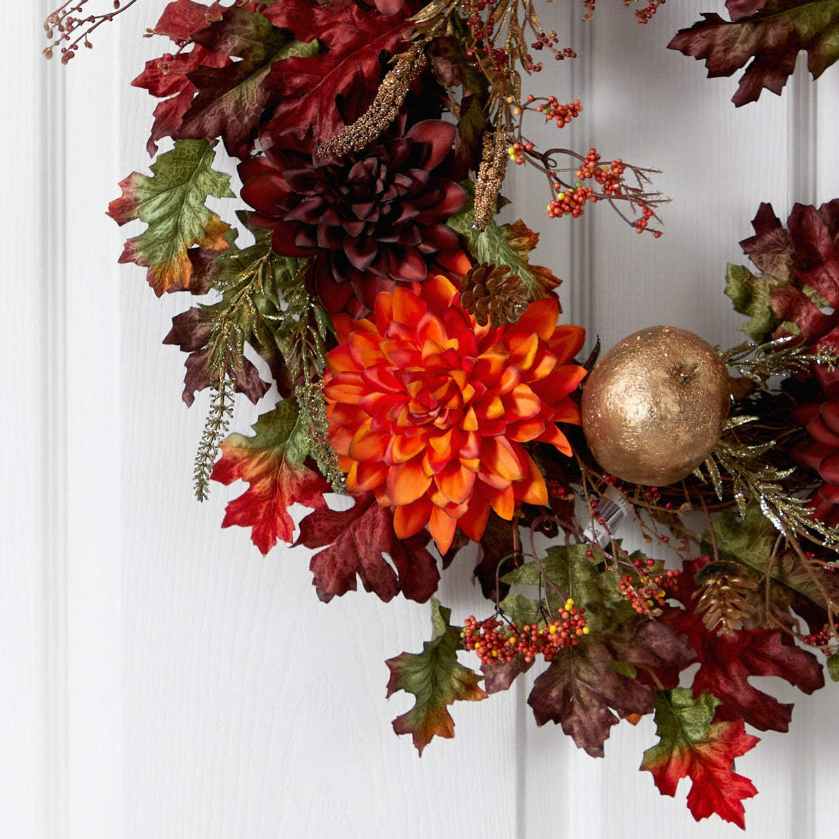 24” Fall Dahlia, Golden Apple, Oak Leaf and Berries Autumn Artificial Wreath-Wreath-Parc Decor