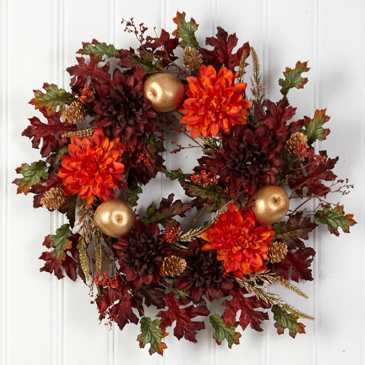24” Fall Dahlia, Golden Apple, Oak Leaf and Berries Autumn Artificial Wreath-Wreath-Parc Decor
