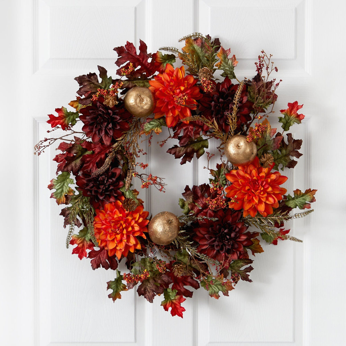 24” Fall Dahlia, Golden Apple, Oak Leaf and Berries Autumn Artificial Wreath-Wreath-Parc Decor