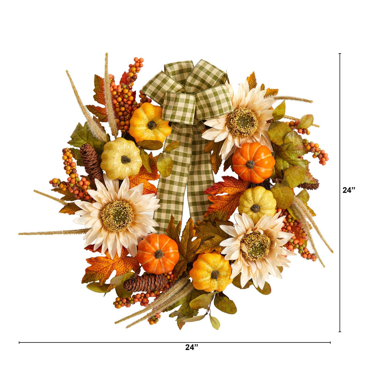 24” Fall Pumpkin, Sunflower Artificial Autumn Wreath with Decorative Ribbon-Wreath-Parc Decor