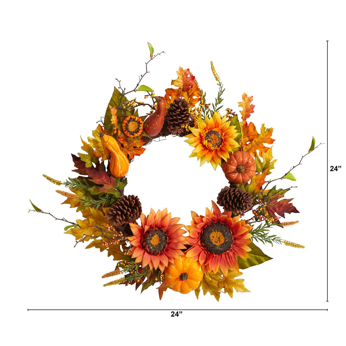24” Fall Sunflower, Pumpkin, Gourds, Pinecone and Berries Autumn Artificial Wreath-Wreath-Parc Decor