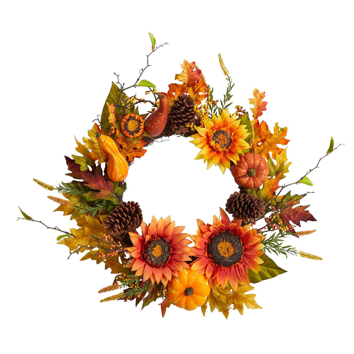 24” Fall Sunflower, Pumpkin, Gourds, Pinecone and Berries Autumn Artificial Wreath-Wreath-Parc Decor