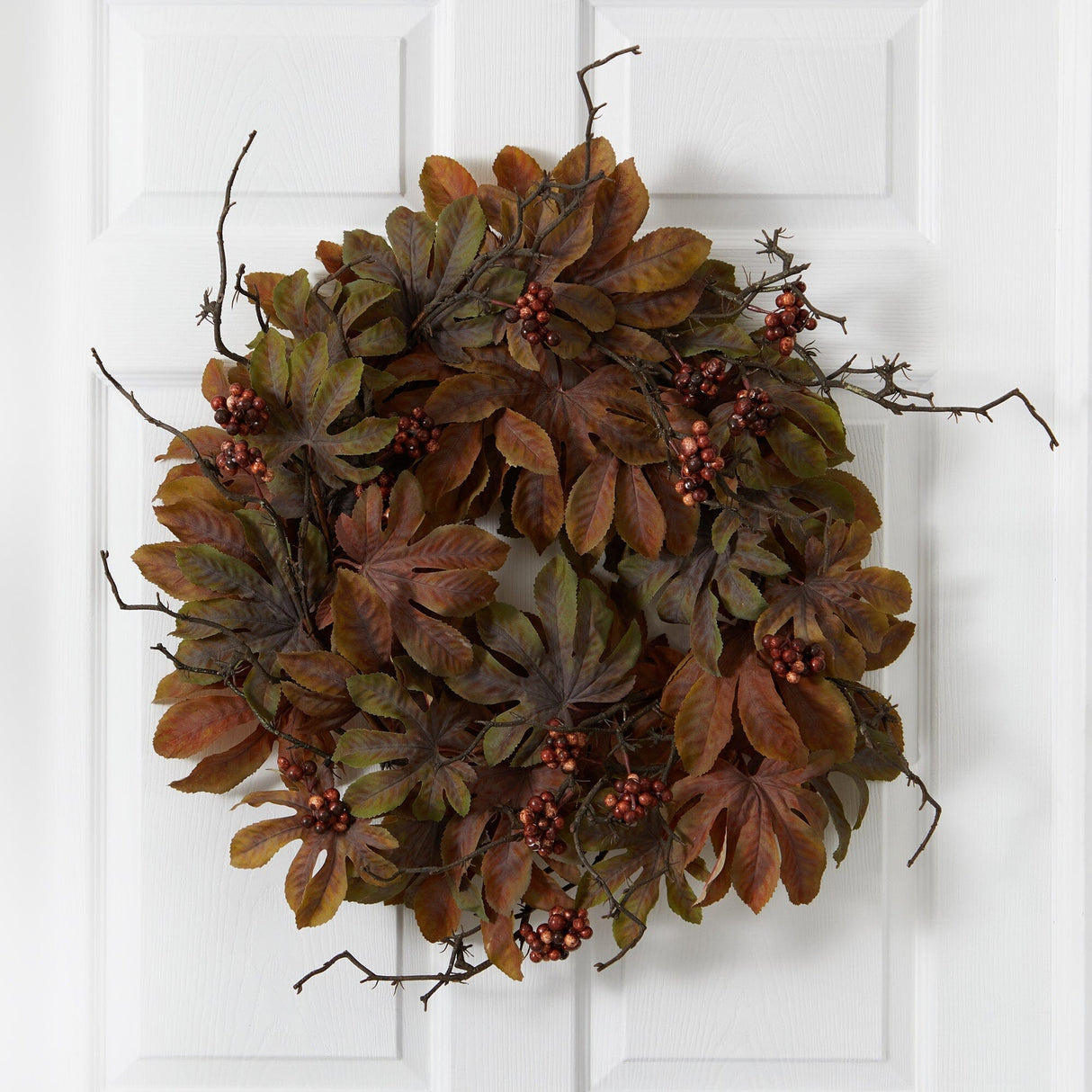 24” Fatsia with Berries Autumn Artificial Wreath-Wreath-Parc Decor